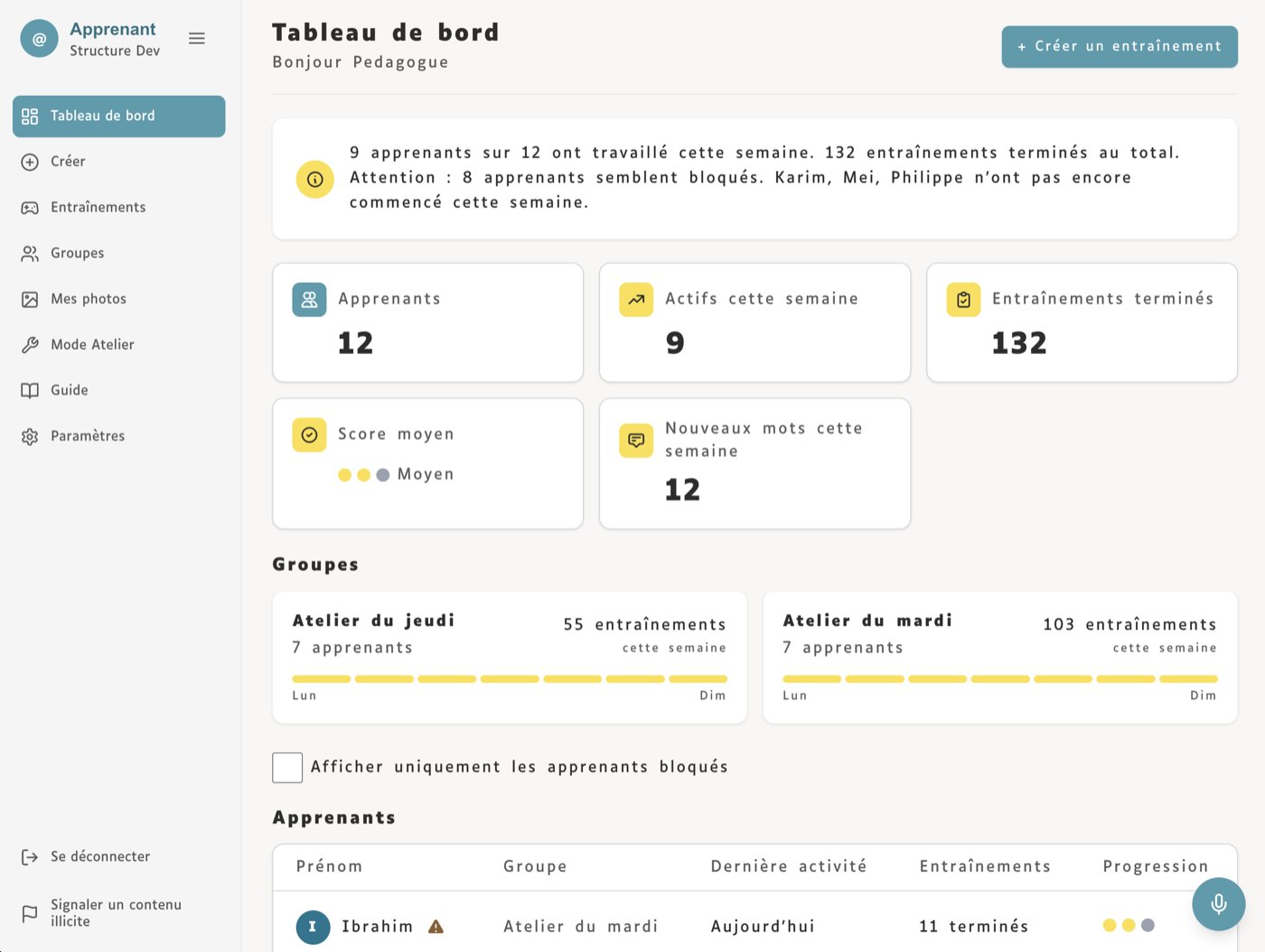 Apprenant — tableau de bord pédagogue