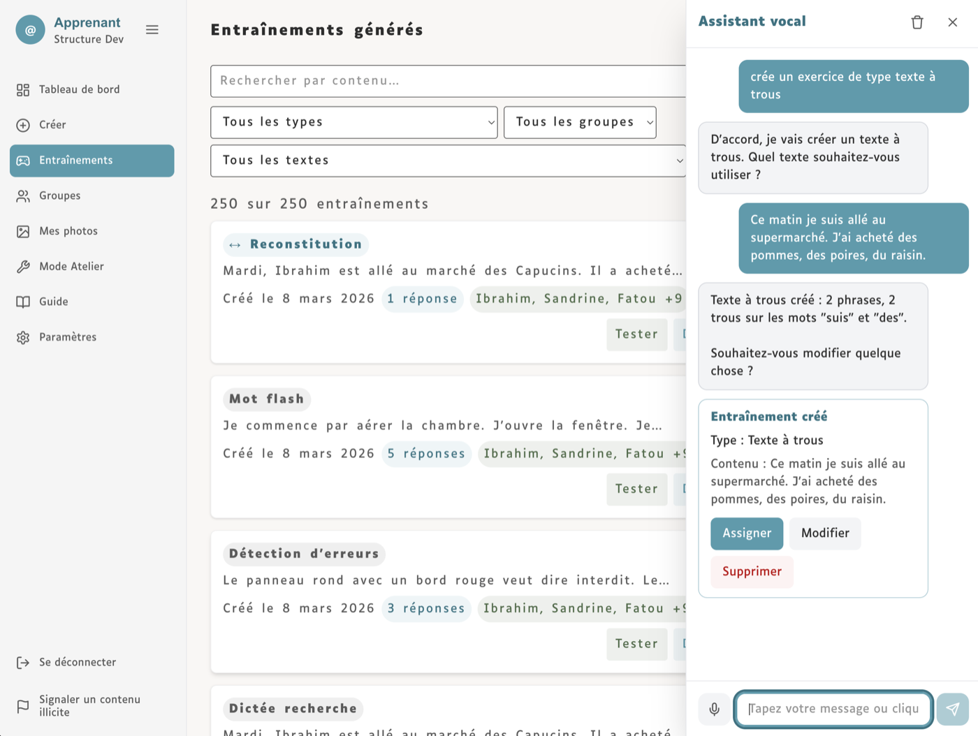 Apprenant — entraînements et assistant vocal