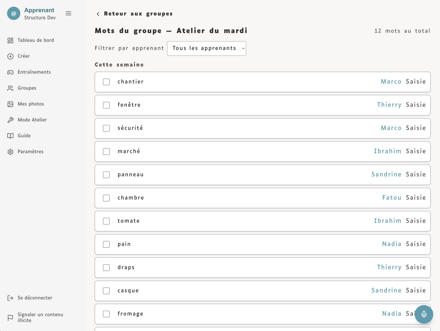 Apprenant — mots du groupe