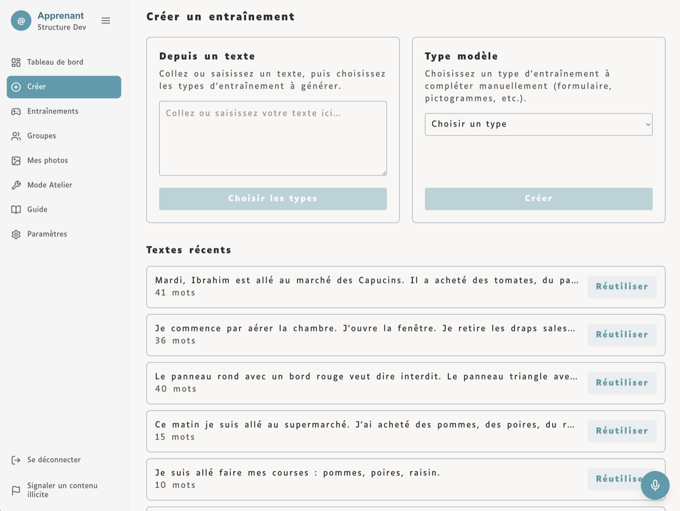 Apprenant — créer un entraînement